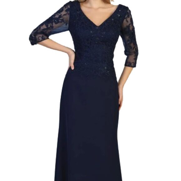 NWT May Queen MQ1783 Illusion Evening Dress Navy Size M - Picture 1 of 6